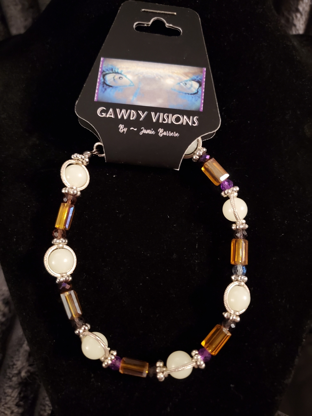 Handcrafted White, Amber & Purple Beaded Bracelet